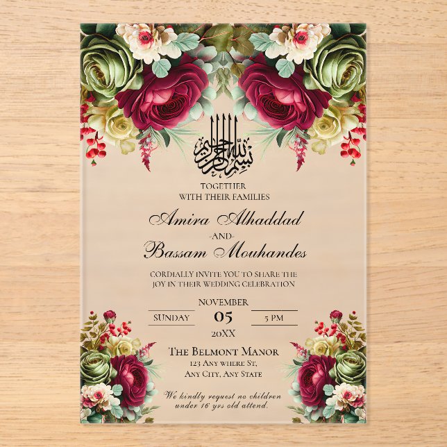 Invitations En Acrylique Élégant Floral Bourgogne Rose Mariage islamique (Recto)