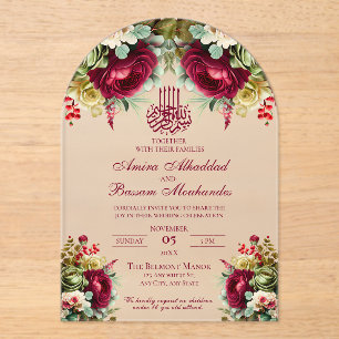 Invitations En Acrylique Élégant Floral Bourgogne Roses 3 Mariage islamique