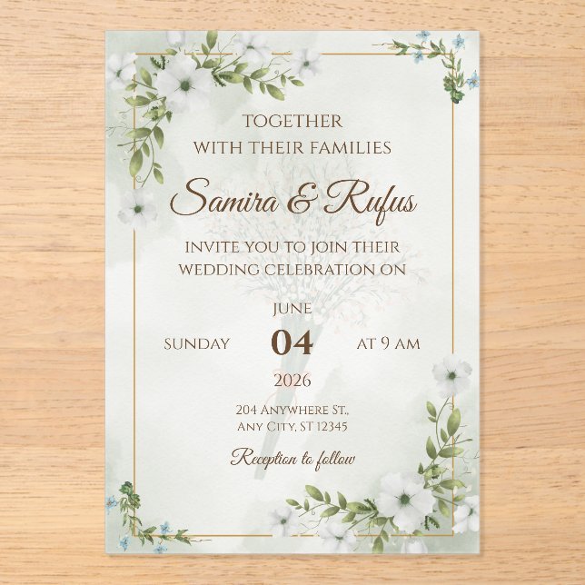 Invitations En Acrylique Elegant Floral - Customizable Rustic Boho (Recto)