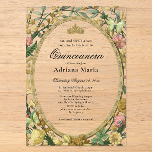 Invitations En Acrylique Élégant floral en acrylique jaune et or pour Quinc