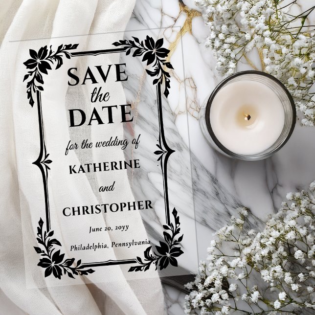 Invitations En Acrylique Elegant Floral Frame Wedding Save the Date (Elegant Floral Frame Photo Wedding Black on Clear Acrylic Save the Dates )