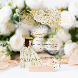 Invitations En Acrylique Élégant floral ivoire or Charra Quinceañera