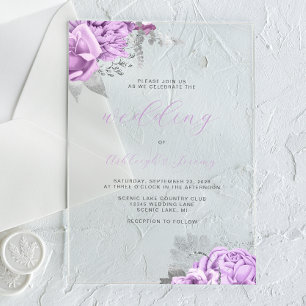 Invitations En Acrylique Élégant floral Lilac Mariage de script argent