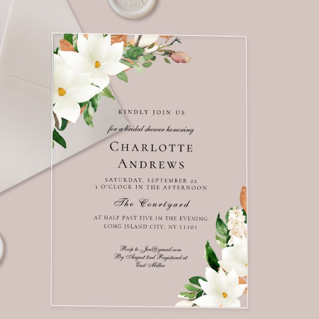 Invitations En Acrylique Elegant Floral Magnolia Bridal Shower  (Elegant Floral Magnolia Bridal Shower Acrylic Invitations)