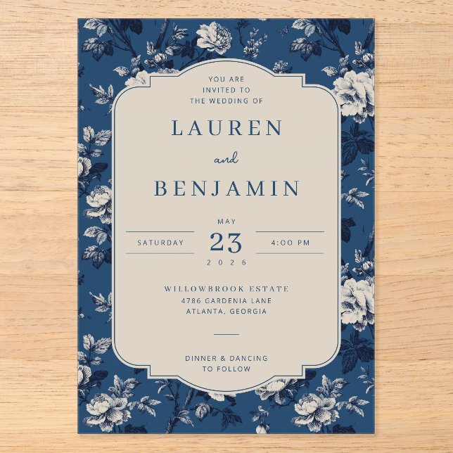 Invitations En Acrylique Élégant floral marine (Recto)