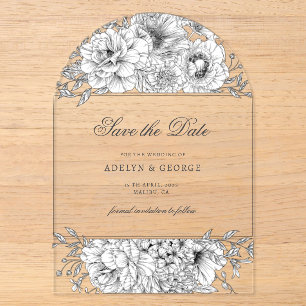 Invitations En Acrylique Élégant floral noir et blanc, carte de sauvegarde