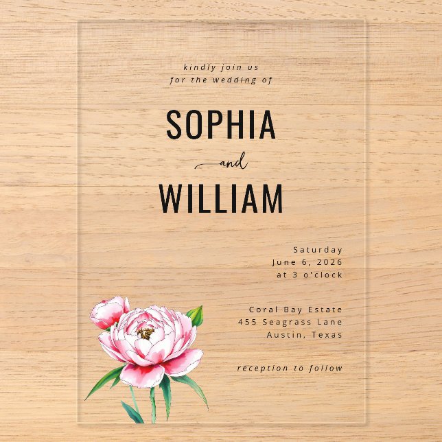 Invitations En Acrylique Élégant floral noir et rose (Recto)