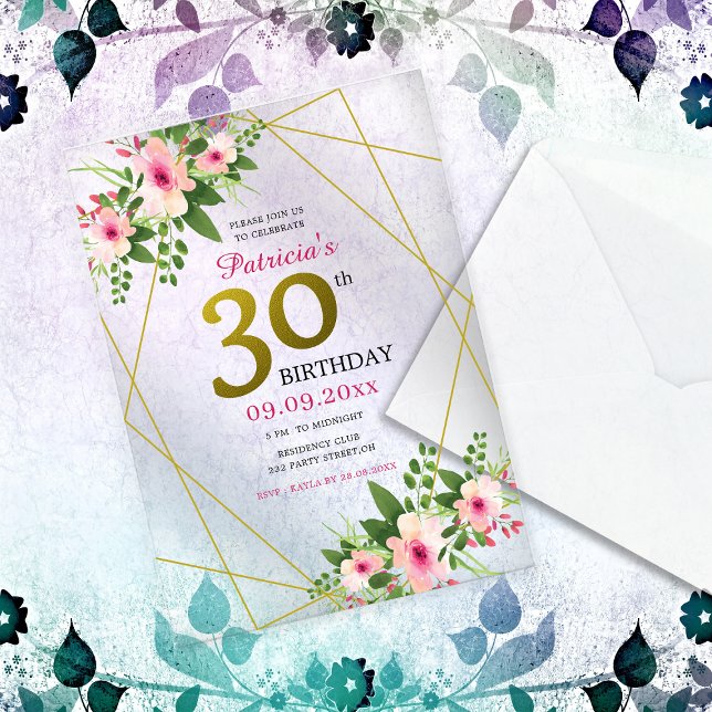 Invitations En Acrylique Elégant Floral Rose and Gold 30e anniversaire (Elegant Floral Pink And Gold 30th Birthday Acrylic Invitations)