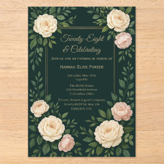 Invitations En Acrylique Élégant floral sarcelle foncé avec cadre doré pour