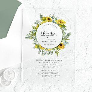 Invitations En Acrylique Élégant floral tournesol Wreath Girl Baptism