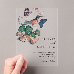 Invitations En Acrylique Élégant floral vintage oiseau mariage botanique