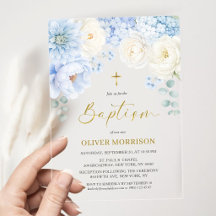Élégant Garçon Baptême Croix Dorée Florale Bleu Po