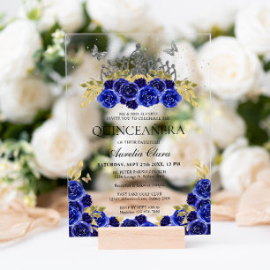 Invitations En Acrylique Elégant Glam bleu Floral Argent Tiara Quinceanera