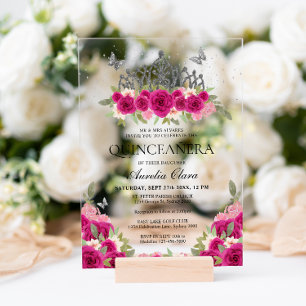 Invitations En Acrylique Élégant Glam rose Floral Argent Tiara Quinceanera