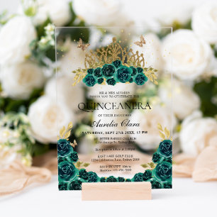 Invitations En Acrylique Elégant Glam Vert Floral Or Tiara Quinceanera