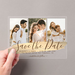 Invitations En Acrylique Elegant Gold 3 Photo Wedding Enregistrer La Date