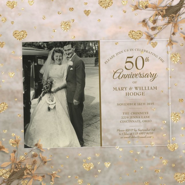 Invitations En Acrylique Elégant Gold 50th Anniversary Photo Mariage (Elegant Gold 50th Anniversary Wedding Photo Acrylic Invitations)