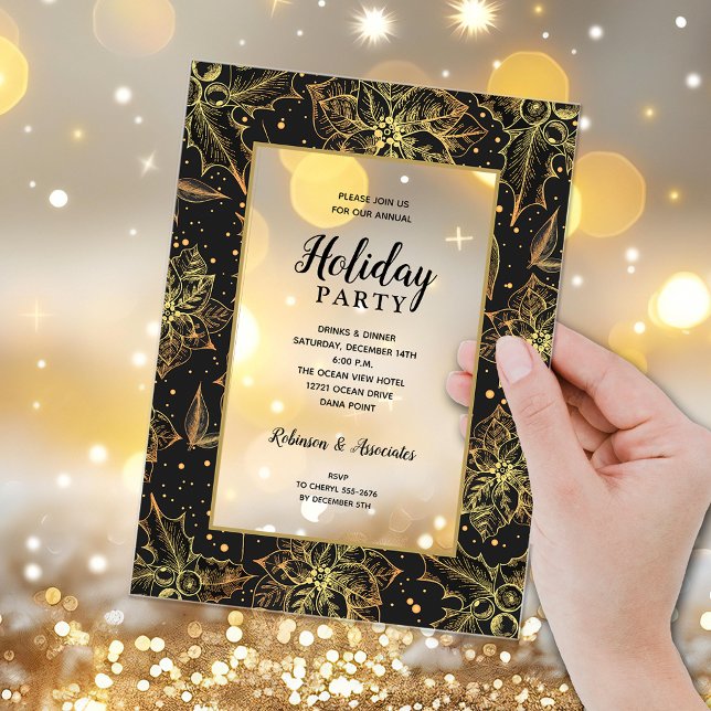 Invitations En Acrylique Elegant Gold and Black Floral Holiday Party (Elegant gold poinsettias and holly on black holiday party ACRYLIC invitations)