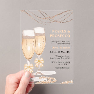 Invitations En Acrylique Elegant Gold Bow Pearls and Prosecco Bridal Shower