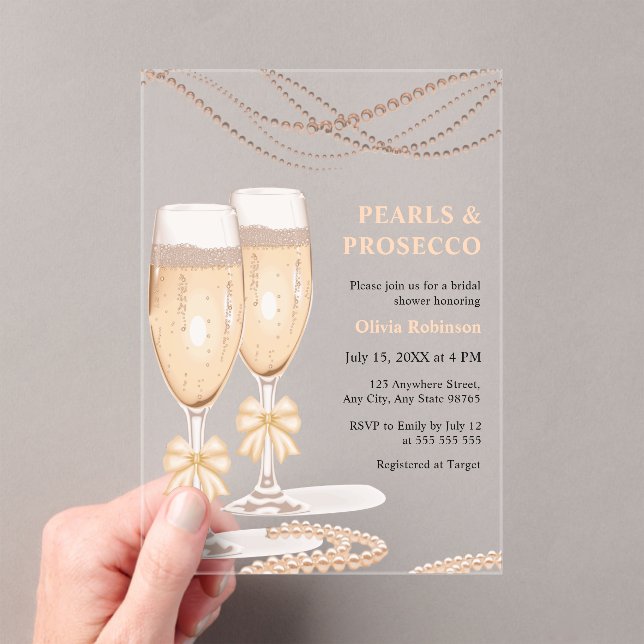 Invitations En Acrylique Elegant Gold Bow Pearls and Prosecco Bridal Shower (In situ (ordinateur de poche))