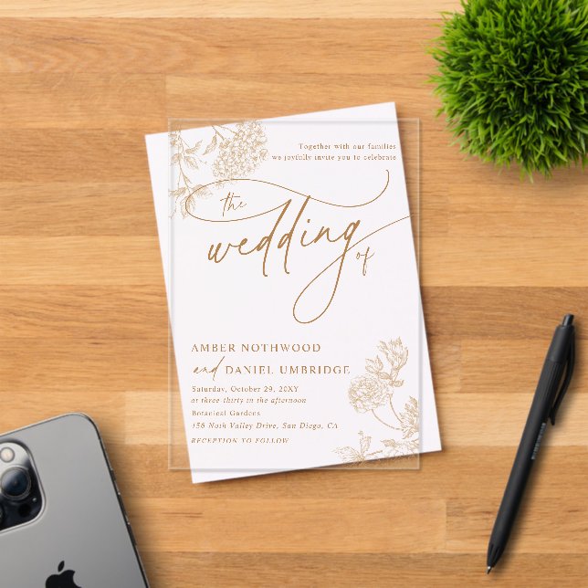 Invitations En Acrylique Elegant Gold Floral Modern Script Wedding (Insitu (Carte d'invitation))