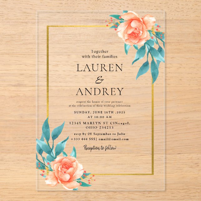 Invitations En Acrylique Elegant Gold Frame Wedding  (Recto)