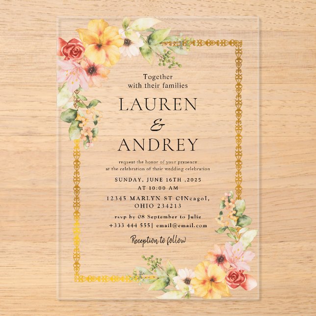 Invitations En Acrylique Elegant Gold Frame Wedding  (Recto)