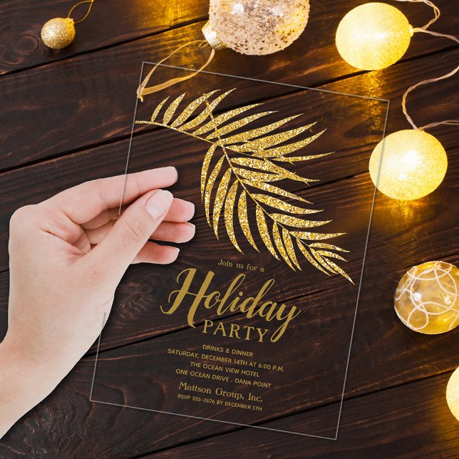 Invitations En Acrylique Elegant Gold Glitter Palm Holiday Christmas (Elegant gold faux glitter palm fronds clear ACRYLIC holiday Christmas party invitations)