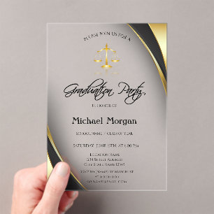 Invitations En Acrylique Elégant Gold Justice Scale Bordure Grey Graduation