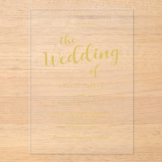 Invitations En Acrylique Élégant Gold Script Calligraphie Mariage minimal (Recto)