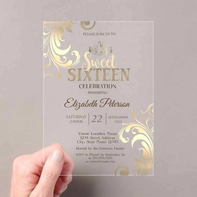 Invitations En Acrylique Elégant Gold Tiara Sweet Diamonds 16 Partie (In situ (ordinateur de poche))