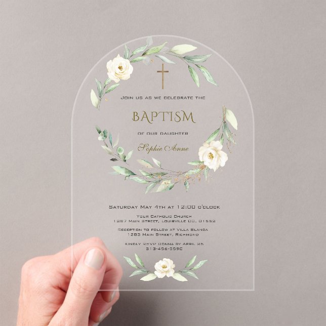 Invitations En Acrylique Elegant Gold White Flowers Cross Baptism (In situ (ordinateur de poche))