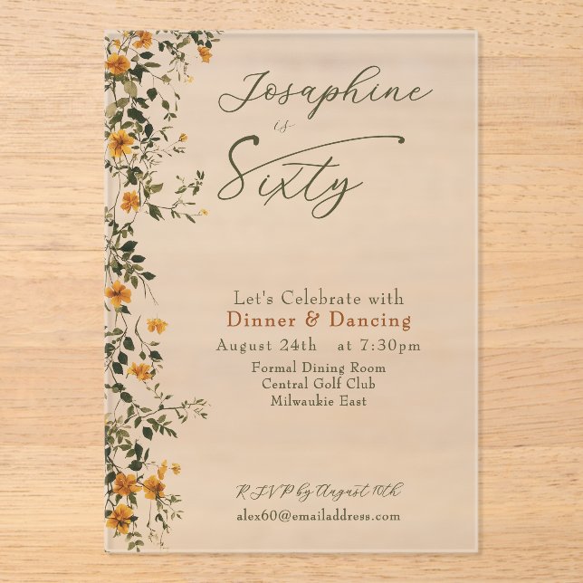 Invitations En Acrylique Elegant Golden Wildflower Named Sixtieth Birthday (Recto)