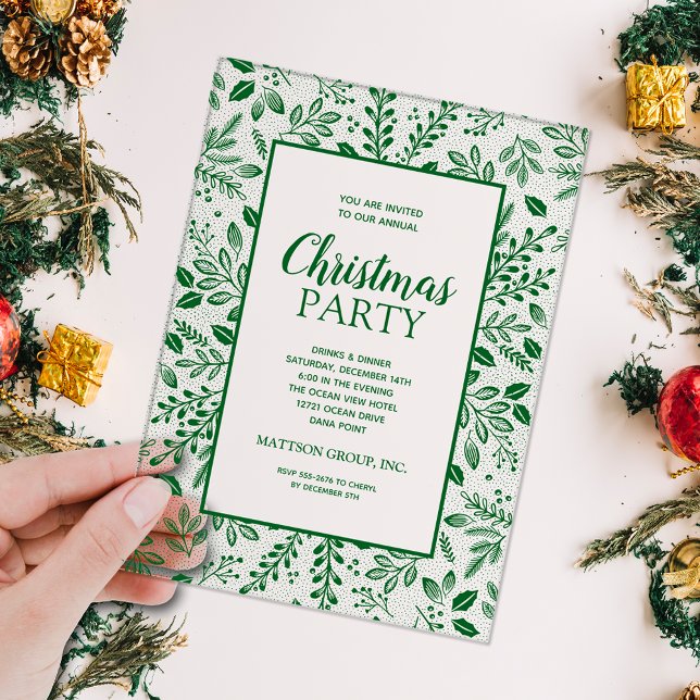 Invitations En Acrylique Elegant Green Botanicals Christmas Party (Elegant green botanicals border CLEAR ACRYLIC Christmas holiday party invitations)
