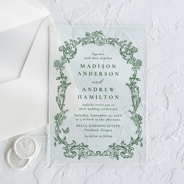 Invitations En Acrylique Elegant Green Victorian Floral Frame Wedding (Créateur téléchargé)