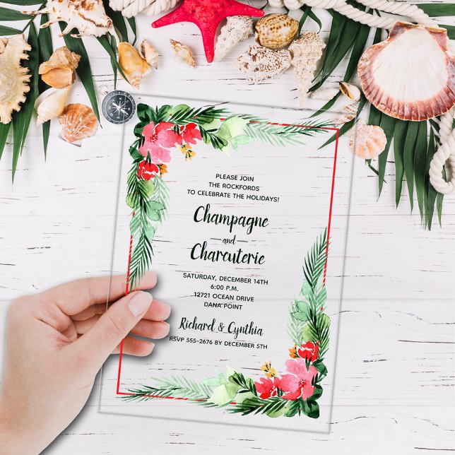 Invitations En Acrylique Elegant Greenery and Floral Christmas  (Elegant tropical greenery and flowers ACRYLIC Christmas party Invitations)