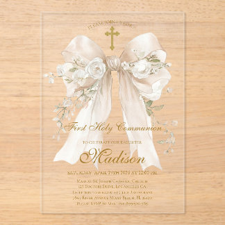Invitations En Acrylique Elegant Ivory Bow First Holy Communion Girl