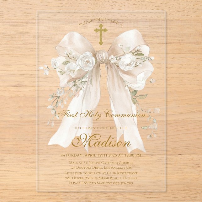 Invitations En Acrylique Elegant Ivory Bow First Holy Communion Girl (Recto)