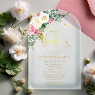 Invitations En Acrylique Elégant Jardin Rose - Baptême Fille - Faux Gold
