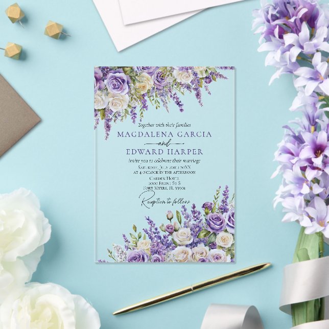 Invitations En Acrylique Elegant Light Purple Lavender Roses Floral Wedding (Insitu (Mariage))