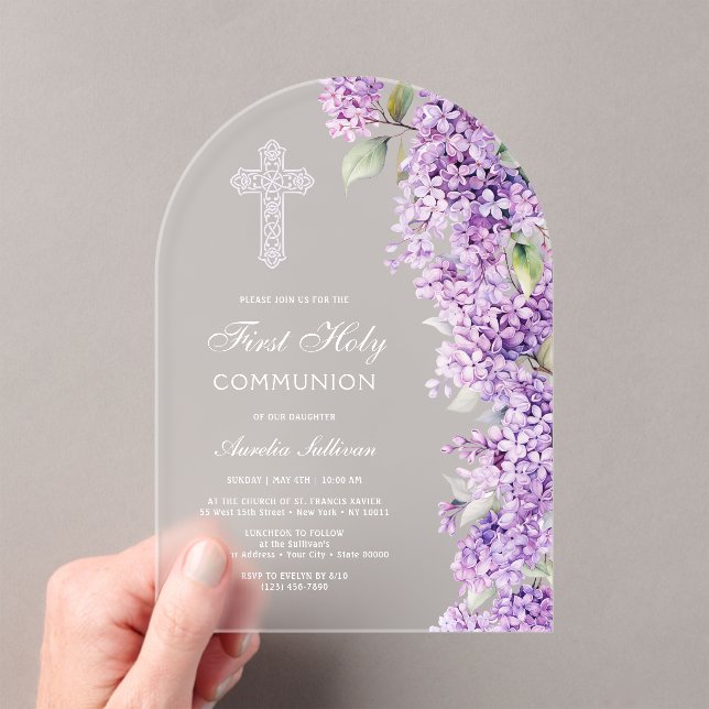 Invitations En Acrylique Elegant Lilac Arch First Communion (In situ (ordinateur de poche))