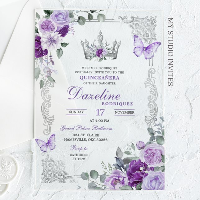 Invitations En Acrylique Elegant Lilac Purple Crown Quinceanera (Créateur téléchargé)