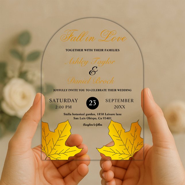 Invitations En Acrylique Elégant Luxe Feuille Noir Et Or Mariage de automne (Créateur téléchargé)