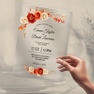 Invitations En Acrylique Élégant mariage à fleurs en terre cuite orange