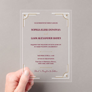 Invitations En Acrylique Élégant Mariage Art Déco Bourgogne Or Tenue de Soi