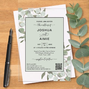 Invitations En Acrylique Élégant Mariage au Code QR Moderne Eucalyptus
