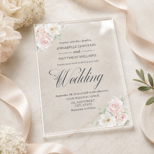 Invitations En Acrylique Élégant mariage aux roses roses tendres