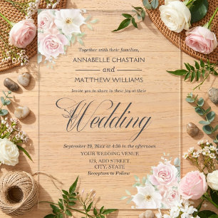 Invitations En Acrylique Élégant mariage aux roses roses tendres