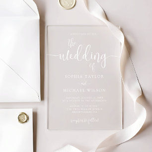 Invitations En Acrylique Élégant Mariage blanc de script contemporain