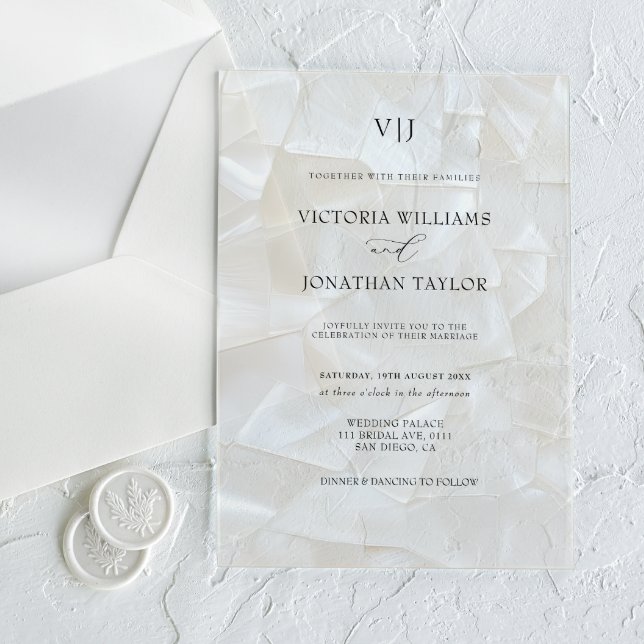 Invitations En Acrylique Élégant Mariage blanc Monogramme (Créateur téléchargé)